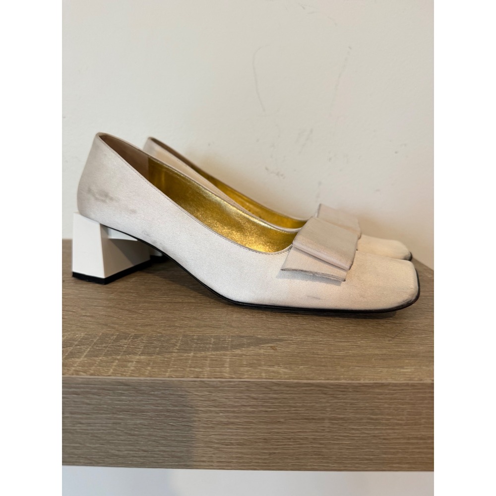 Vintage Giuseppe Zanotti Ivory Satin Square Toe Bow Block Heel Pumps Size 36.5 - Picture 6 of 16